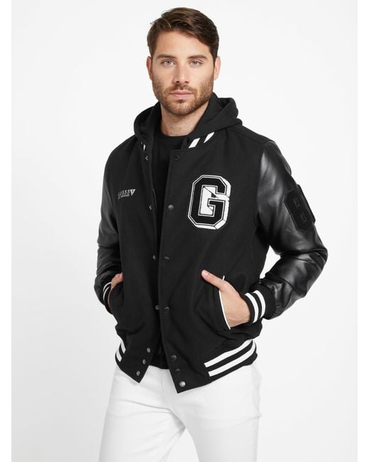 Guess Factory Hooded Ivy Varsity Jacket in Black for Men | Lyst