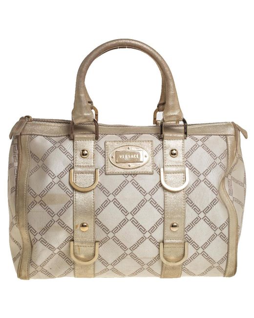 Versace Metallic Gold/cream Signature Canvas And Leather Snap Out Of It Satchel