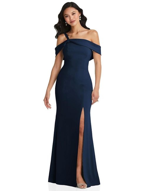 After Six Blue One-shoulder Draped Cuff Maxi Dress With Front Slit