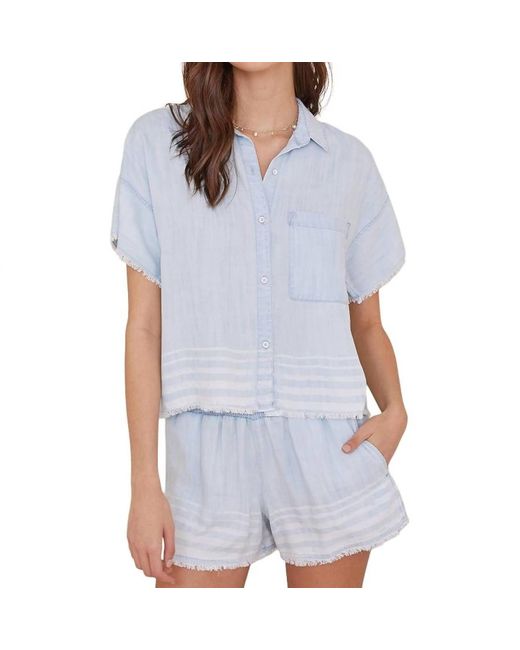 Bella Dahl Blue Short Sleeve Frayed Hem Button Down Shirt