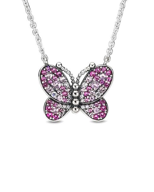 PANDORA Silver Cz Dazzling Pink Butterfly Necklace in Purple | Lyst
