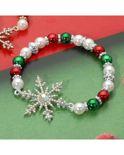 Fashnzfab Green Stone Paved Snowflake Charm Holiday Pearl Beaded Stretch Bracelet