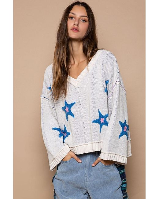 TRUEDAMES Blue Long Sleeve Star Patch Sweater