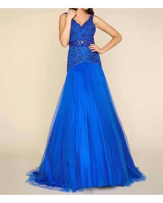 Mac Duggal Blue Deep V-Neck Floor Length Ball Gown