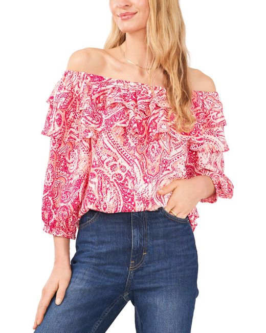 Vince Camuto Red Ruffle Printed Off The Shoulder