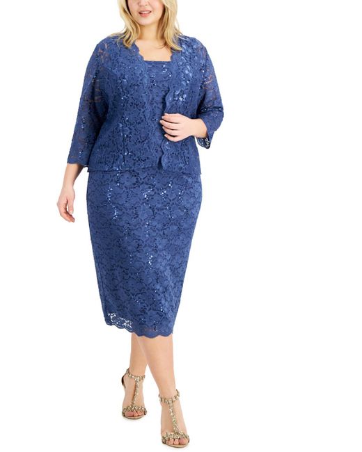 SLNY Blue Plus Fashions Lace Midi Evening Dress