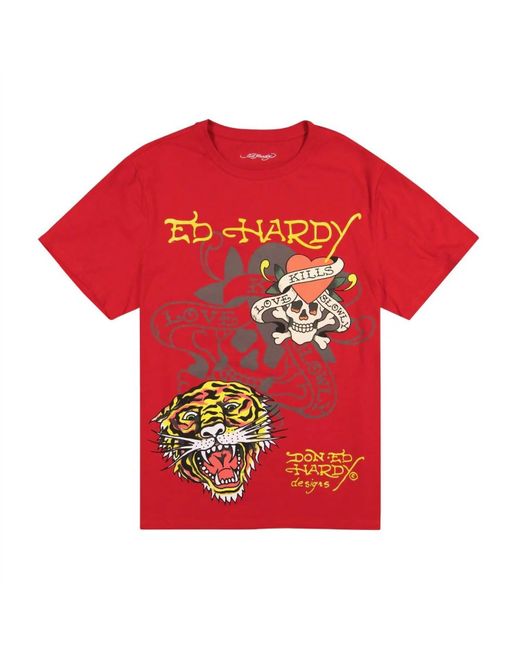 Ed Hardy Red Tiger Skull Multi Tattoo Tee for men