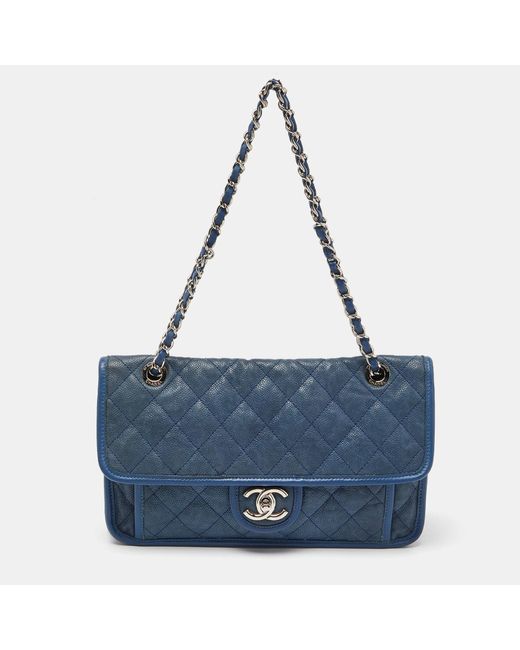 Chanel Blue Quilted Caviar Leather Cc French Riviera Flap Bag