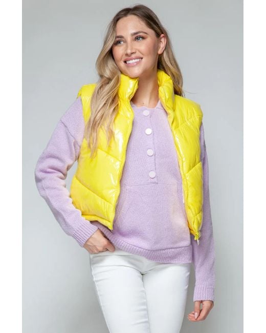 TRUEDAMES Yellow Zip Up Turtleneck Shiny Quilted Vest