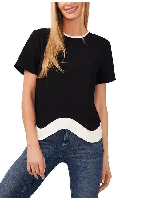 Cece Black Top Contrast-Hem Short Sleeve Round Neck Blouse Fts1327