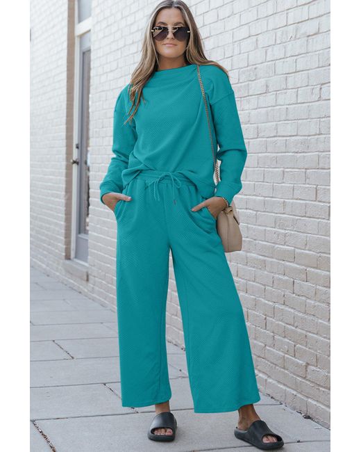 Fashnzfab Blue Full Size Textured Long Sleeve Top And Drawstring Pants Set