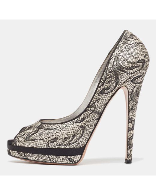 Casadei Women's Gray Two Tone Satin And Lace Peep Toe Platform Pumps