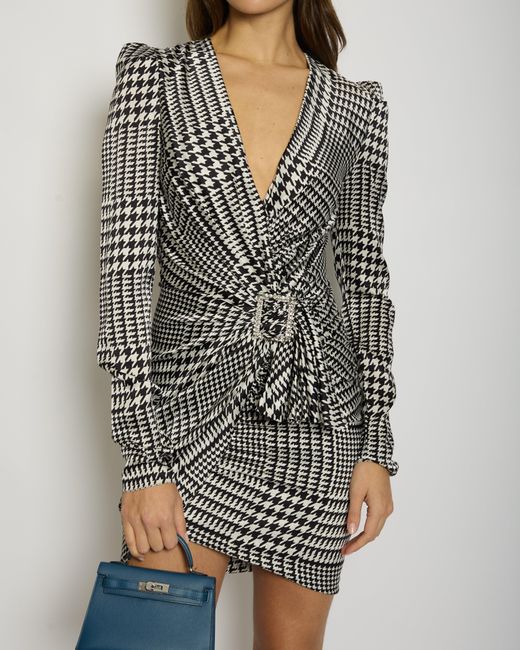 Alexandre Vauthier Gray Houndstooth Mini Dress With Diamante Buckle Detail