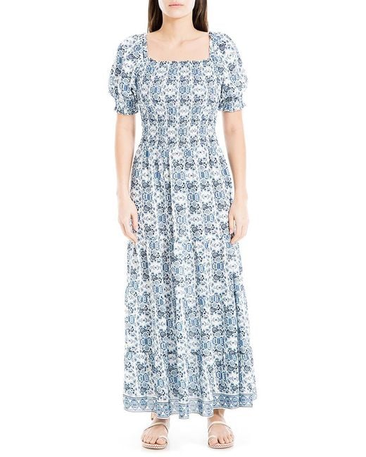 Max Studio Blue Floral Smocked Maxi Dress