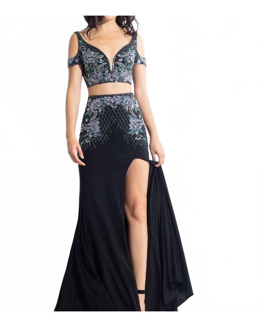 Rachel Allan Blue Beaded Jersey Two-Piece Gown With Slit