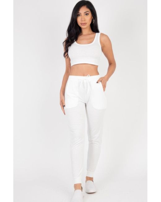 TRUEDAMES Women's White French Terry Cropped Tank Top Sweatpants Set