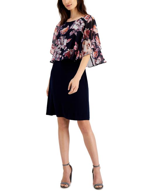 Connected Apparel Blue Petites Knee Length Floral Print Wear To Work Dress