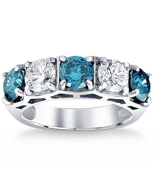 Pompeii3 3 1/4ct Blue Diamond Wedding Ring White Gold Lab Grown Anniversary 5-stone Band