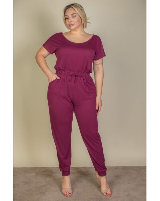 TRUEDAMES Pink Plus Size Solid Drawstring Short Sleeve Jumpsuit