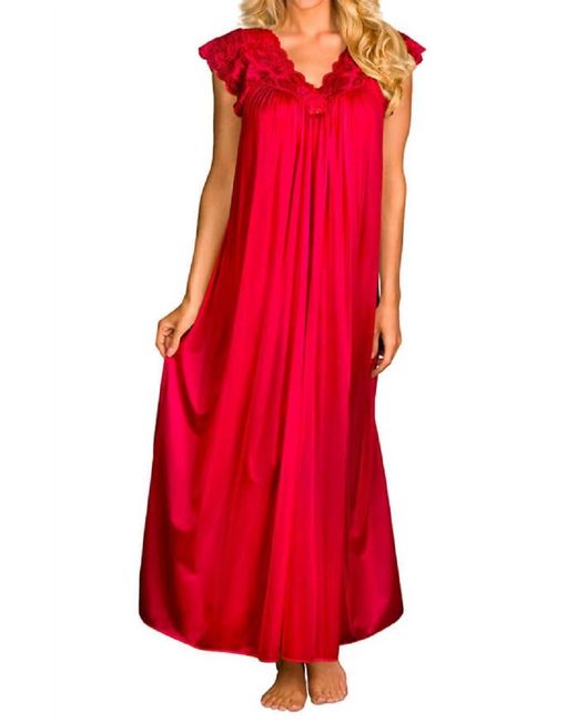 Shadowline Lingerie Women's Red Long Lace Cap Sleeve Nightgown