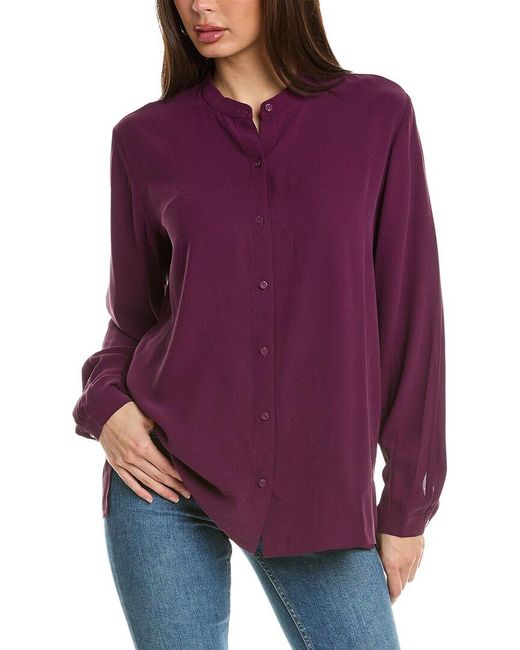 Eileen Fisher Purple Mandarin Collar Silk Boxy Shirt