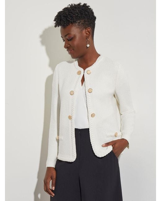Misook White Novelty Button Lightweight Tweed Knit Jacket