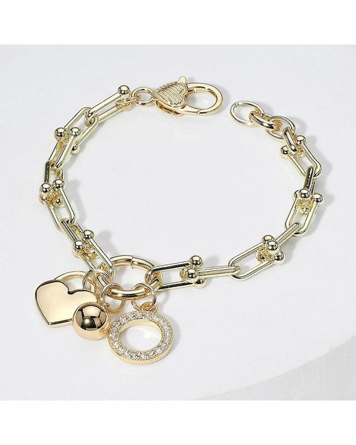 Fashnzfab Metallic 14K Plated Cz Stone Paved Ball Heart Charm Pointed Hardware Chain Link Bracelet
