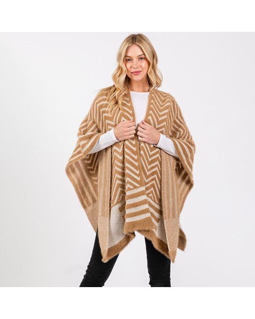 TRUEDAMES Brown Fuzzy Chevron Pattern Ruana Poncho