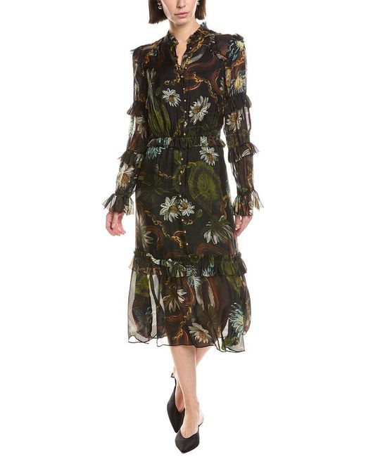 Marchesa Green Printed Silk-Blend A-Line Dress