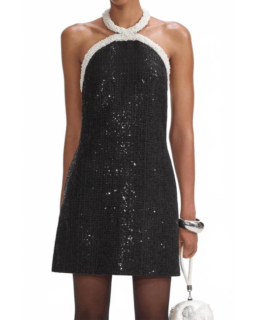 Self-Portrait Black Boucle Pearl Trim Mini Dress