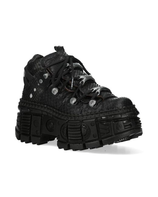 New Rock Black M-106Wall-C65 Python Leather Platform Ankle Boots