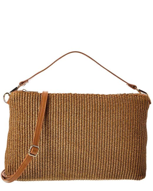 Persaman New York Brown Isolde Straw & Leather Shoulder Bag