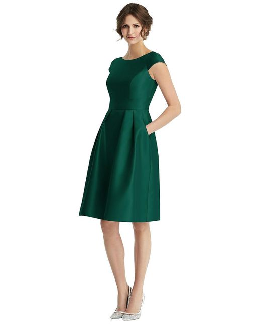 Alfred Sung Green Cap Sleeve Pleated Cocktail Dress With Pockets