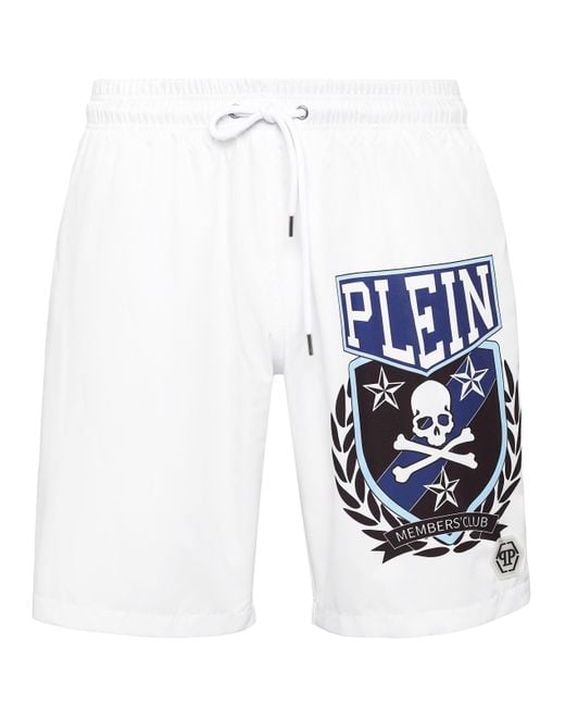 Philipp Plein Blue Long Swim Boxer Skull & Bones for men