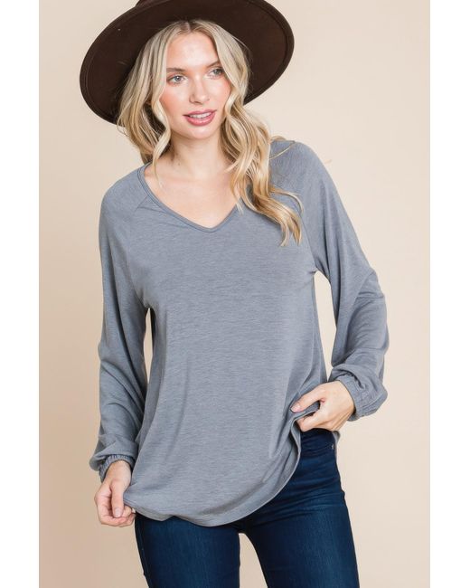 TRUEDAMES Blue Casual V Neck Basic Long Sleeve Top