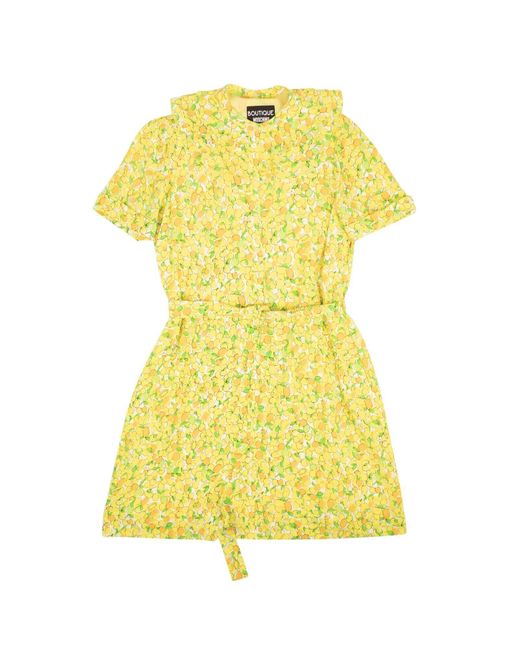 Boutique Moschino Nwt Yellow Lemon Print Silk Ruffle Neck Dress