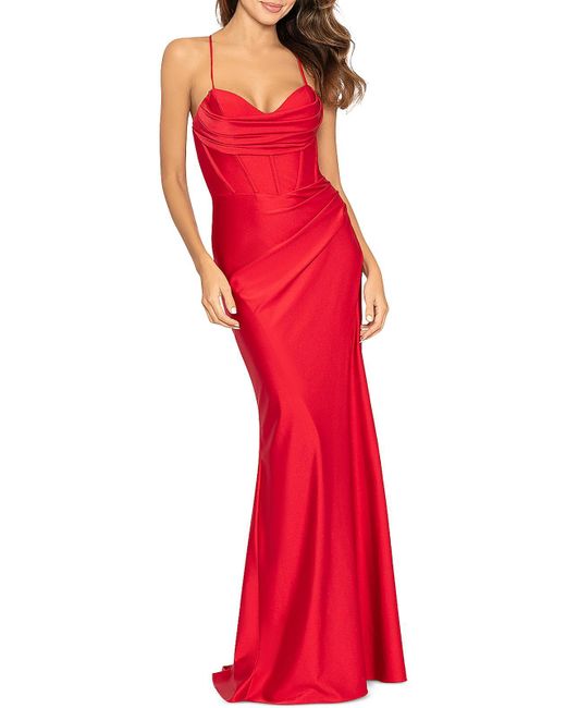 Aqua Red Satin Corset Evening Dress