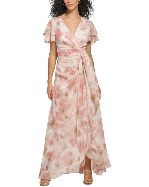 DKNY Pink Chiffon Floral Evening Dress