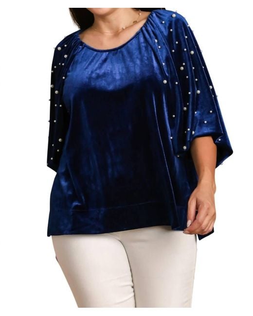 Umgee Blue Velvet Round Neck With Pearl Sleeves