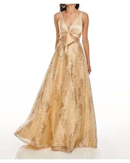 Rachel Allan Natural Mid Cut-Out Metallic Embroidered Prom Gown
