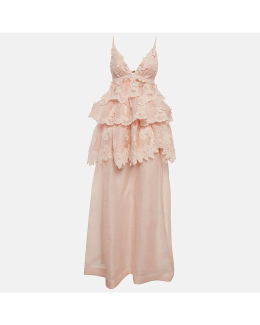 Zimmermann Light Linen Blend Tiered Lace Maxi Dress in Pink | Lyst