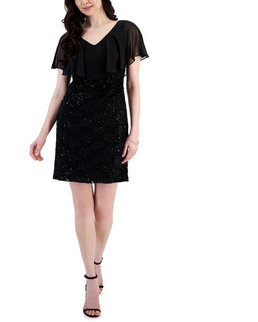 Connected Apparel Black Petites Chiffon Overlay Lace Sheath Dress