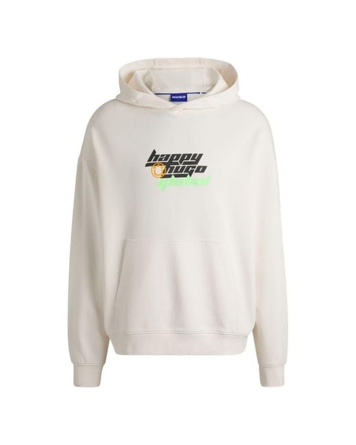 HUGO White Oversize-Fit Cotton-Terry Hoodie With Happy Logo for men