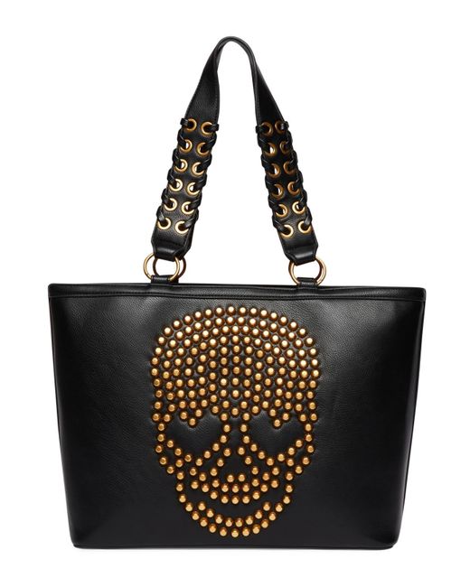 Betsey Johnson Black Thick Skulled Faux Leather Whip Stitch Tote Handbag