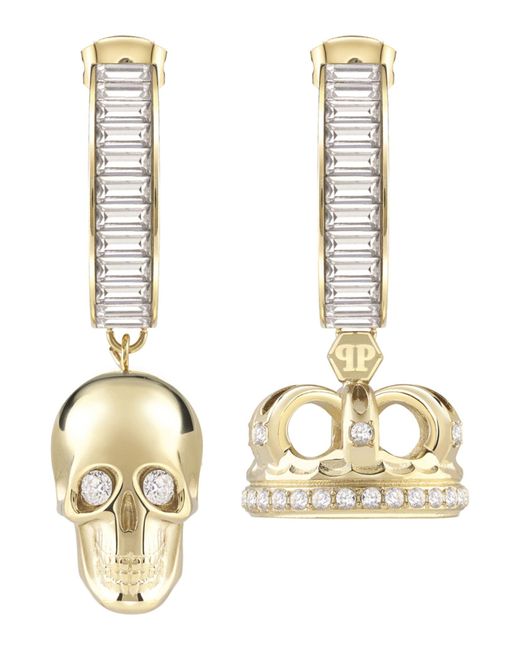 Philipp Plein Metallic $kull Crown Crystal Hoop Earrings