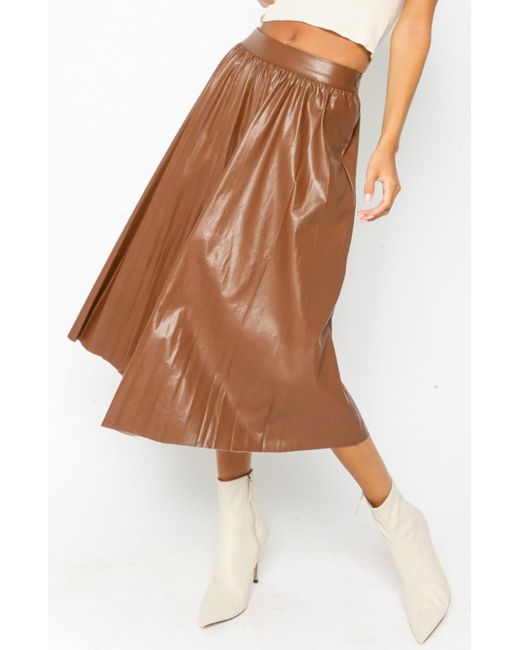 Olivaceous Brown Pleather Pleated Midi Skirt