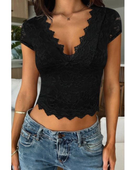 TRUEDAMES Black Solid Color Block V Neck Lace Trim Fit Shirt