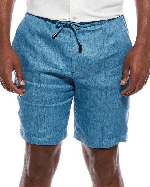 Isaia Blue Linen Drawstring Short for men