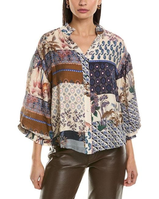 Fate Gray Patchwork Print Bubble Sleeve Blouse