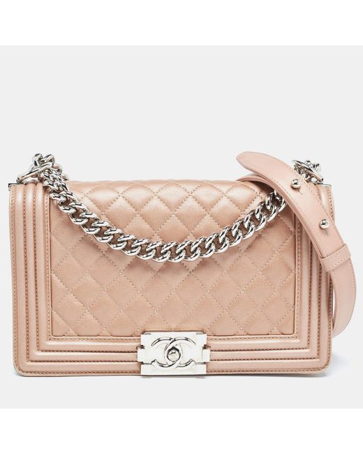 Chanel Pink Metallic Quilted Leather Medium Boy Flap Bag